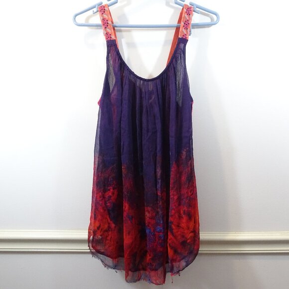Free People Gauzy Tank Top Pink Purple Size M Flowy Boho Embroidered Sheer Flora - Picture 1 of 6
